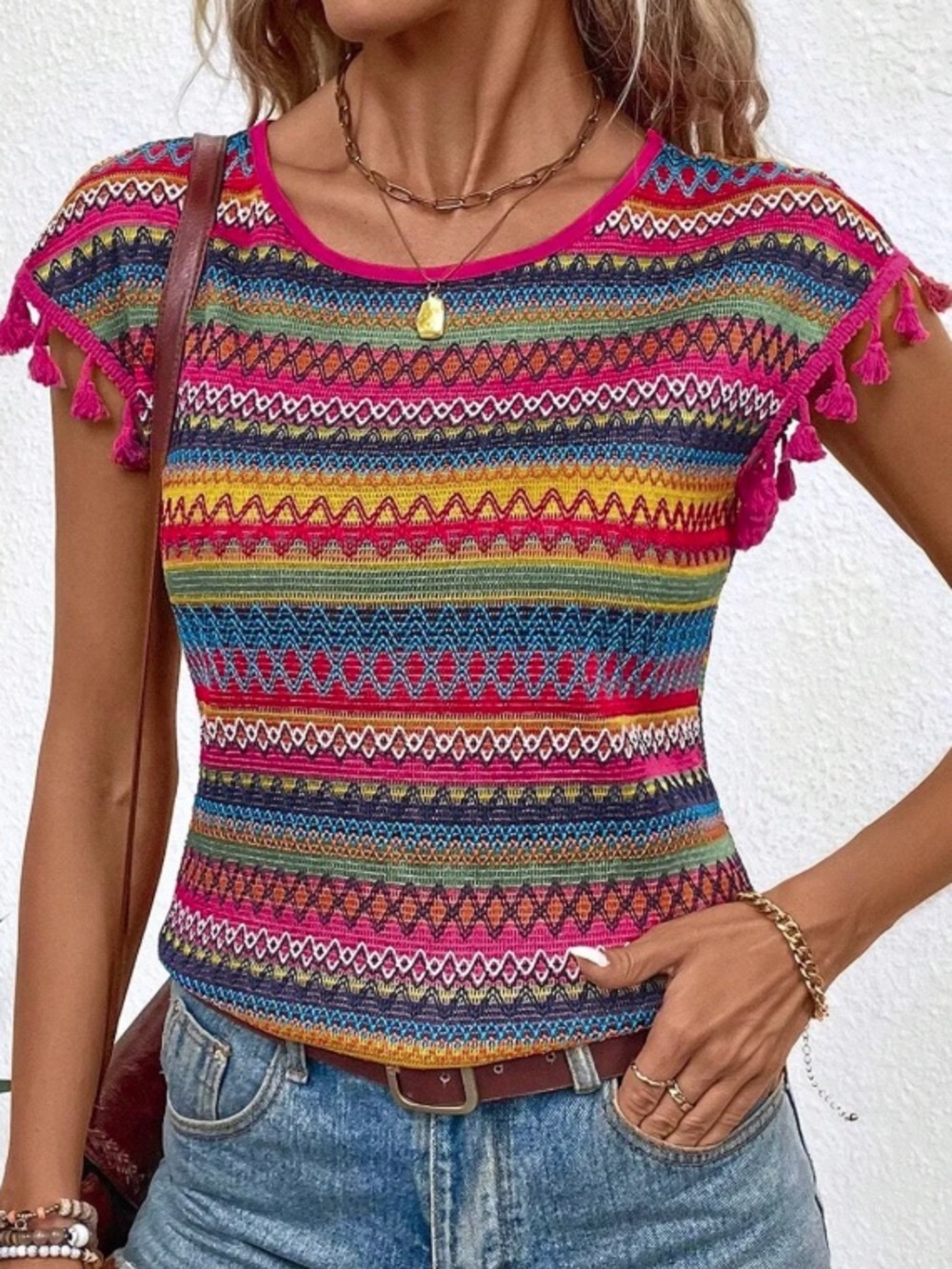 Women’s Crochet Multicolor Striped Knit Tee with Tassel Sleeves
